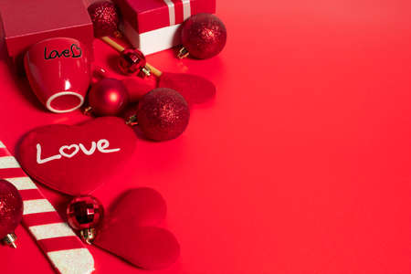 happiness family with love red heart in holiday season greeting of valentine's day background, gift for wedding lover conceptの写真素材