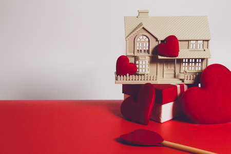 happiness family home with love red heart in holiday season greeting of valentine's day background,...