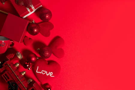 happiness family with love red heart in holiday season greeting of valentine's day background, gift for wedding lover conceptの写真素材