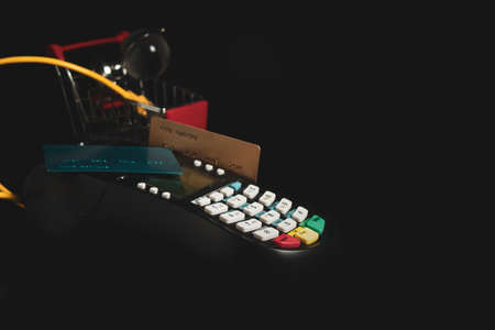 shopping online internet electronic payment device with premium credit card of digital banking investment financial and money business conceptの写真素材