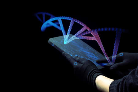 hand with healthy medical research concept, science laboratory human genes genome of  dna blood double helix molecule structure, deoxyribonucleic acidの写真素材