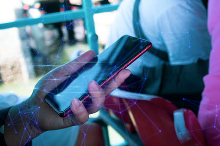 girl hand finger touch on screen smartphone device for connecting to social network internet digital...