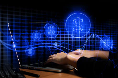 businessman typing for communication connecting to data ai internet social network online by using laptop computer and smartphone in telecom technology server online conceptの写真素材