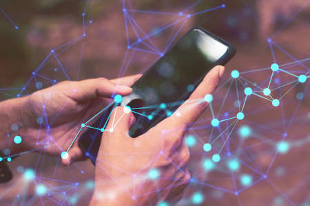 woman hand finger touch on screen smartphone device for connecting to social network internet digital with data safety security cloud storage aiの写真素材