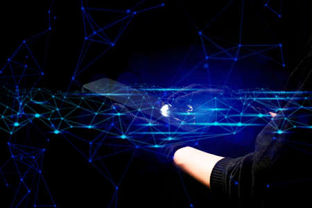 businessman hand touch on screen smartphone device for connecting to app artificial intelligence network, internet digital with data safety security cloud storage,fintech and blockchainの写真素材