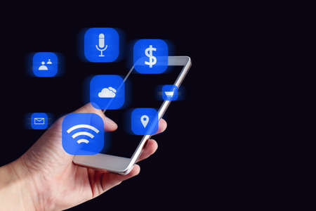 businessman hand finger touch on screen smartphone device for connecting to social network internet digital with data safety security cloud storage aiの写真素材