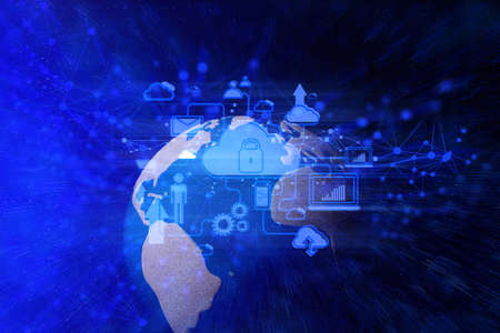 digital global technology network world online, deep learning, system of internet, cyber hacker, telecomunication signal, 3d illustration rendering backgroundの写真素材