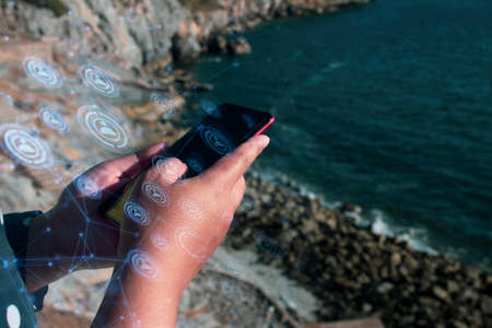 woman hand finger touch on screen smartphone device for connecting to social network internet...