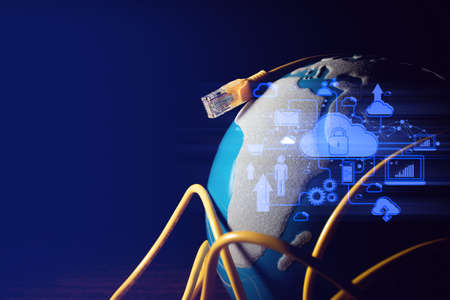 business and technology concept, blue global earth with digital internet network server online lan...