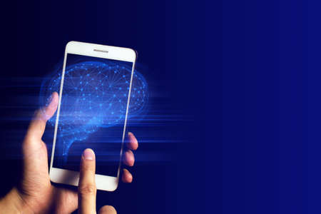 businessman hand finger touch on screen smartphone device for connecting to social network internet...