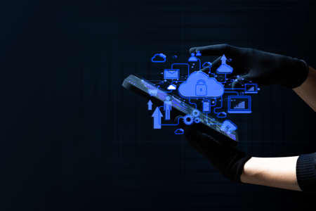 human hand holding with floating of electric ai digital data robot system holographic brain in man...