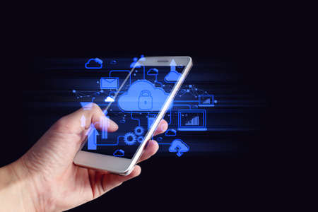 businessman hand finger touch on screen smartphone device for connecting to social network internet...