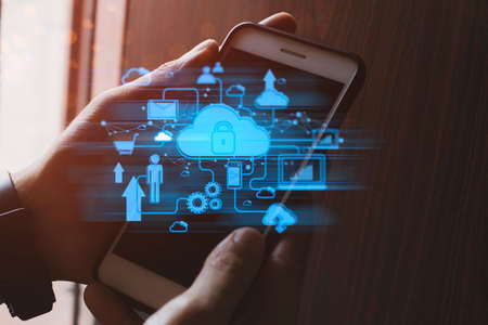 businessman hand finger touch on screen smartphone device for connecting to social network bandwidth...
