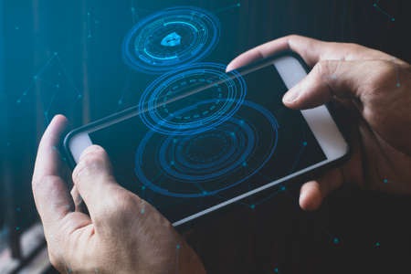 businessman hand finger touch on screen smartphone device for connecting to social network bandwidth...