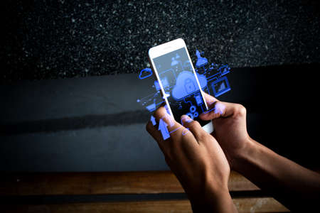 businessman hand finger touch on screen smartphone device for connecting to social network bandwidth internet digital big data safety security cloud storage aiの写真素材