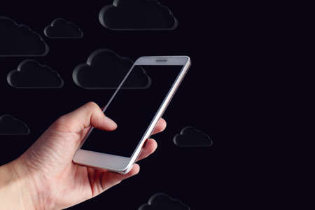businessman hand finger touch on screen smartphone device for connecting to social network internet digital with data safety security cloud storage aiの写真素材