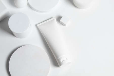 beauty treatment medical skincare and cosmetic lotion cream serum oil mockup bottle packaging product on white decor background, healthcare and medicine conceptの写真素材