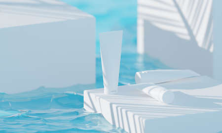 beauty treatment medical skincare cosmetic lotion cream mockup packaging in water wave sea, 3d...