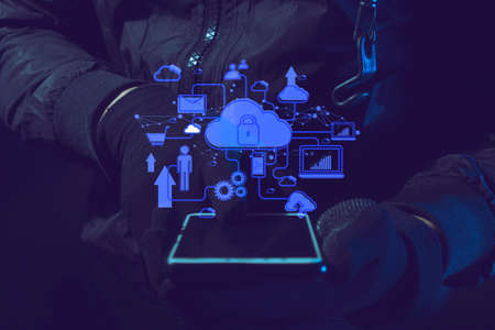 hacker robbery terrorist with tablet smartphone computer attack to server network system online in...
