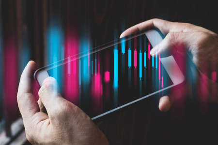 businessman hand finger touch on screen smartphone device for online trading network technology...