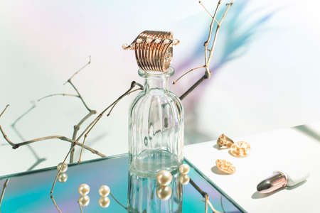 wrist band fashion gold jewelry product with cosmetic on vintage luxury backgroundの写真素材