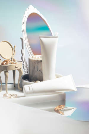 beauty treatment medical skincare and cosmetic lotion cream serum oil mockup bottle packaging product on water splash background in healthcare and medicineの写真素材