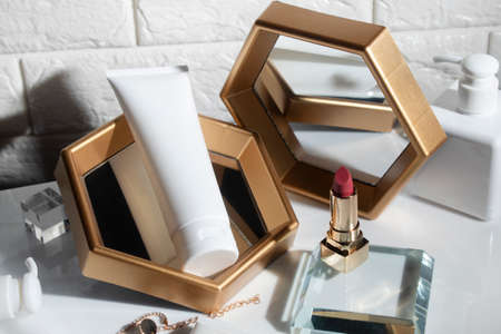 beauty treatment medical skincare cosmetic lotion cream serum mockup bottle packaging product on white decor background in healthcare pharmaceutical medicineの写真素材