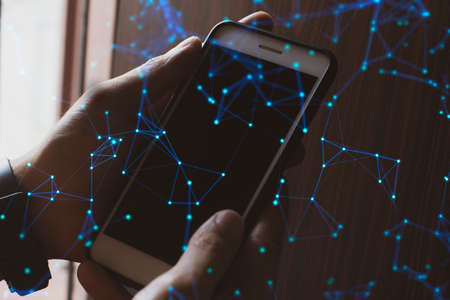businessman hand finger touch on screen smartphone device for connecting to social network bandwidth internet digital big data safety security cloud storage aiの写真素材
