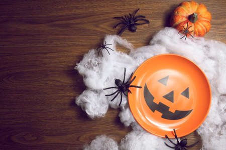 horror spooky funny ghost in halloween on holiday season greeting night celebration party with toy prop decoration and trick or treat autumn october festival and jack-o-lantern conceptの写真素材