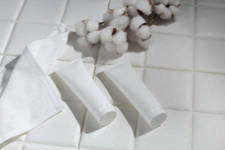 mockup of beauty fashion cosmetic makeup bottle lotion product with skincare healthcare concept on backgroundの写真素材