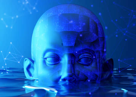 3d illustration rendering, ai artificial intelligence robot humanoid with data internet network,...