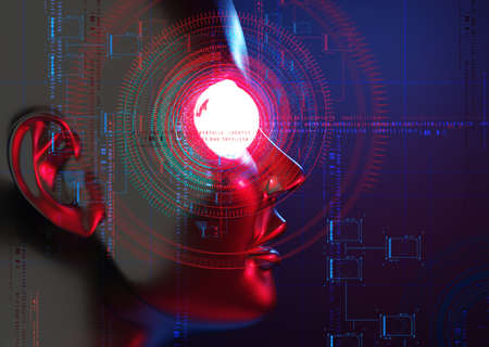 3d illustration rendering, ai robot head bionic face with data internet network, deep learning system technology machineの写真素材