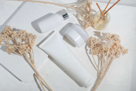 mockup of beauty fashion cosmetic makeup bottle lotion product with skincare healthcare concept on...