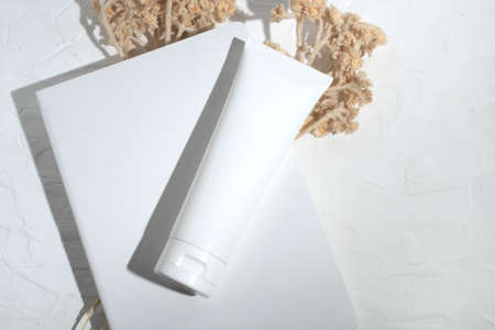 mockup of beauty fashion cosmetic makeup bottle lotion product with skincare healthcare concept on backgroundの写真素材