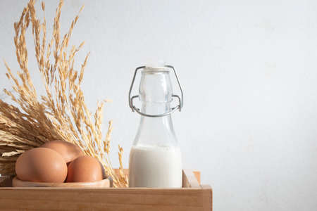 healthy and nutrition of milk and egg and almond, diet rice food