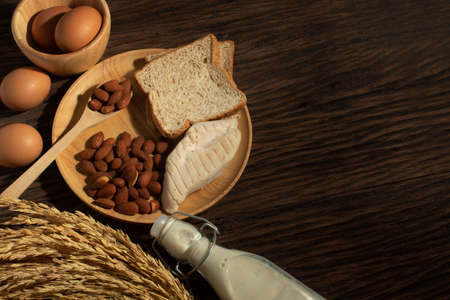 healthy and nutrition of milk and egg and almond, diet food breakfast, ingredients of dinnerの写真素材
