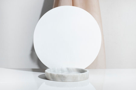 beauty marble pedestal display stage mockup for cosmetic product, podium of stuff, abstract plate showcase for design, geometric form stand floorの写真素材