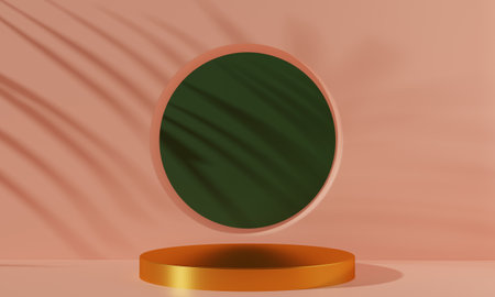 gold pedestal display stage mockup for cosmetic product, podium of stuff, abstract plate showcase for design,3d illustration renderingの写真素材