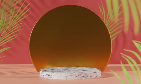 gold pedestal display stage mockup for cosmetic product, podium of stuff, abstract plate showcase for design,3d illustration renderingの写真素材