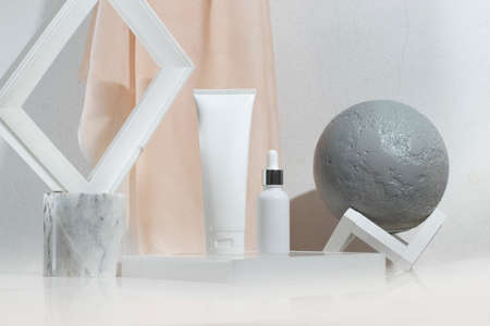 mockup of beauty fashion cosmetic makeup bottle lotion  serum product with skincare healthcare concept on backgroundの写真素材