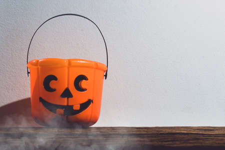 horror spooky funny ghost in halloween on holiday season greeting night celebration party with toy prop decoration and trick or treat autumn october festival and jack-o-lantern conceptの写真素材
