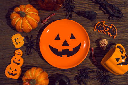 horror spooky funny ghost in halloween on holiday season greeting night celebration party with toy prop decoration and trick or treat autumn october festival and jack-o-lantern conceptの写真素材