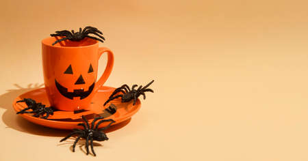 horror spooky funny ghost in halloween on holiday season greeting night celebration party with toy prop decoration and trick or treat autumn october festival and jack-o-lantern conceptの写真素材