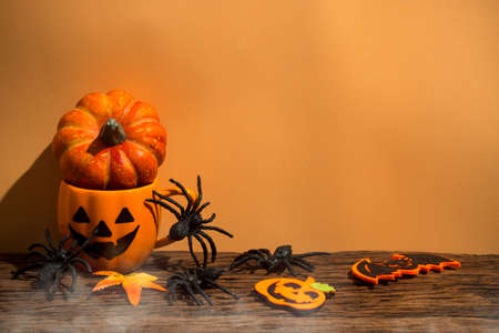 horror spooky funny ghost in halloween on holiday season greeting night celebration party with toy prop decoration and trick or treat autumn october festival and jack-o-lantern conceptの写真素材
