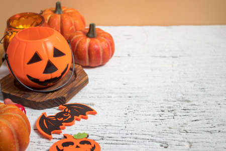 horror spooky funny ghost in halloween on holiday season greeting night celebration party with toy prop decoration and trick or treat autumn october festival and jack-o-lantern conceptの写真素材