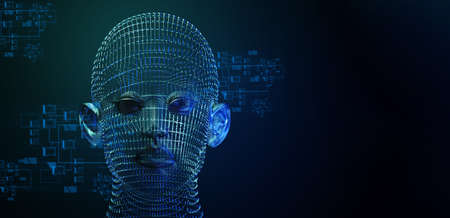 3d illustration rendering, ai robot head bionic face with data internet network, deep learning system technology machineの写真素材
