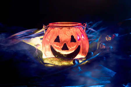 horror spooky funny ghost in halloween on holiday season greeting night celebration party with toy prop decoration and trick or treat autumn october festival and jack-o-lantern conceptの写真素材