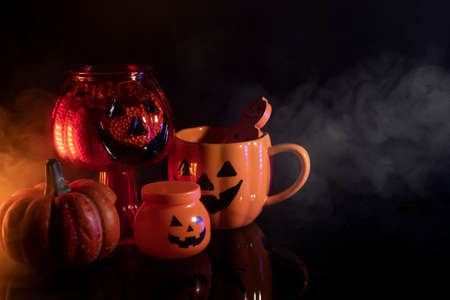 horror spooky funny ghost in halloween on holiday season greeting night celebration party with toy prop decoration and trick or treat autumn october festival and jack-o-lantern conceptの写真素材