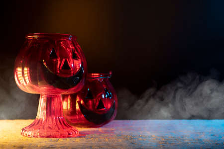 horror spooky funny ghost in halloween on holiday season greeting night celebration party with toy prop decoration and trick or treat autumn october festival and jack-o-lantern conceptの写真素材