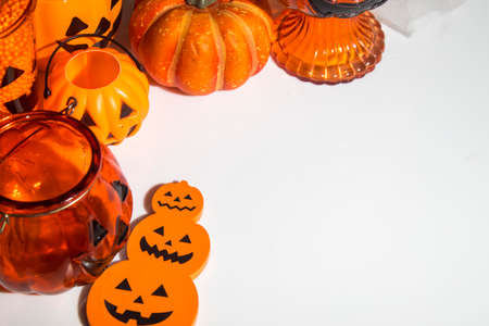 horror spooky funny ghost in halloween on holiday season greeting night celebration party with toy prop decoration and trick or treat autumn october festival and jack-o-lantern conceptの写真素材